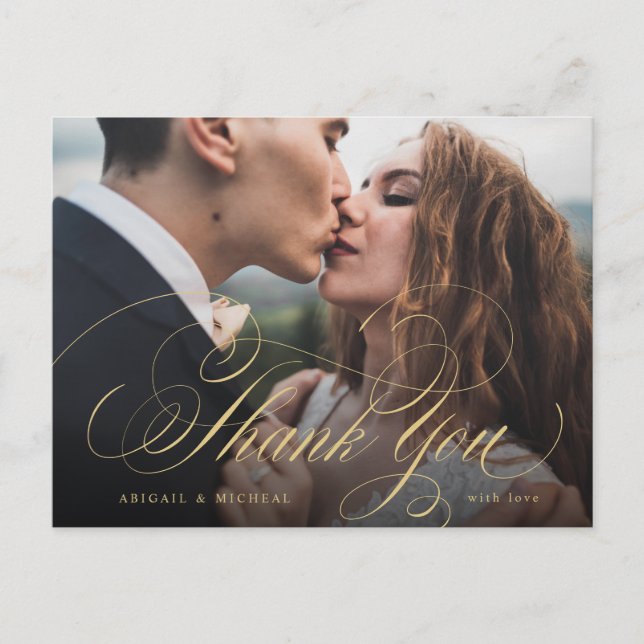 Cartão Postal Obrigado foto elegante caligrafia clássica dourada (Frente)