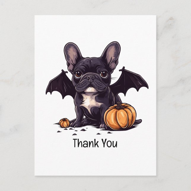 Cartão Postal Obrigado Halloween French Bulldog Morcego Abóboras (Frente)