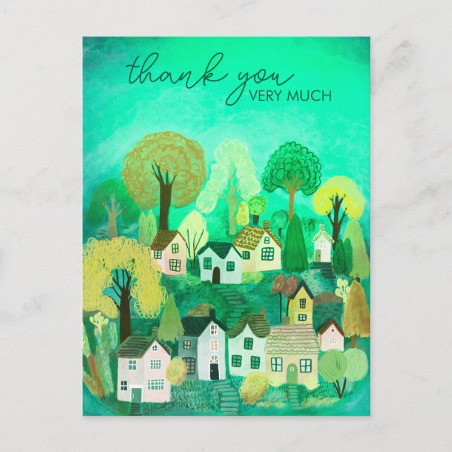 Cartão Postal OBRIGADO Ilustração Fofa de Vila Rural (Frente)