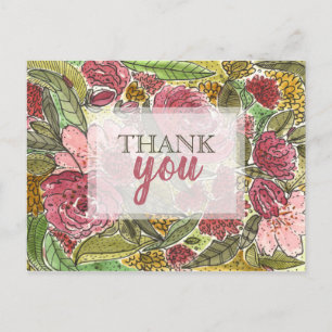 Cartão Postal Obrigado Lindas Flores Cor-de-Rosa em Aquarela