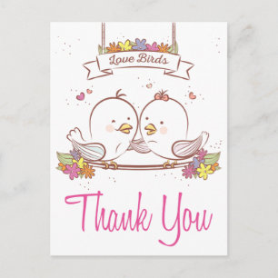 Cartão Postal Obrigado Lovebirds Rosa e Marrom Amor de Casamento