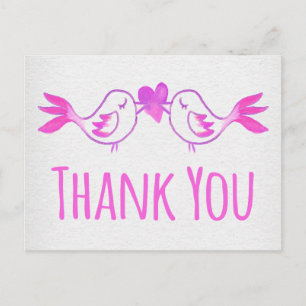 Cartão Postal Obrigado Lovebirds Rosa Fúcsia Aquarela Cinza