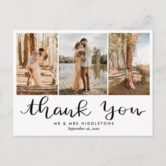 Cartão Postal Obrigado manuscrito | Foto de casamento moderno (Frente)