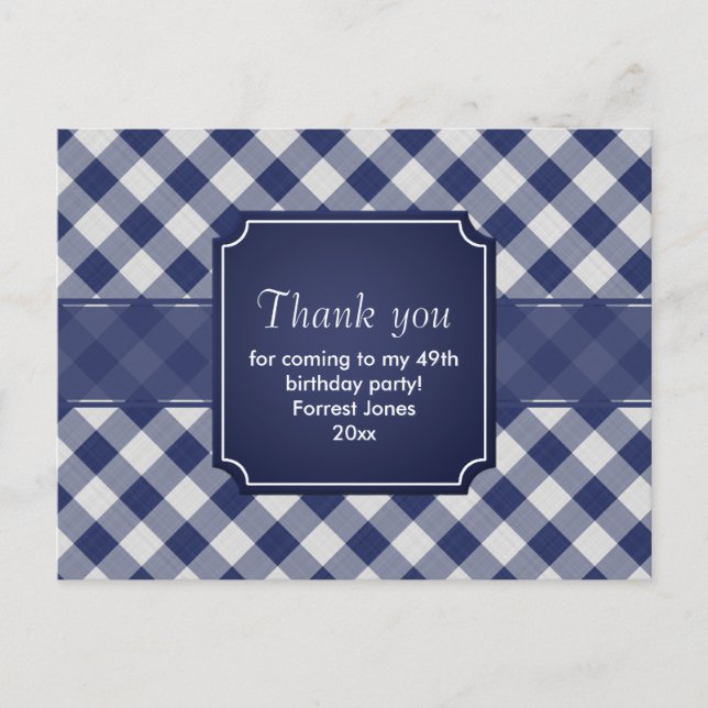Cartão Postal Obrigado Marinho Blue Gingham Patterno Geométrico (Frente)