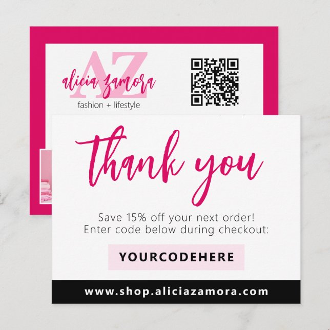 Cartão Postal Obrigado Modern Magenta Boutique 4-Photo Flyer (Frente/Verso)