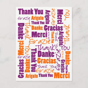 Cartão Postal Obrigado Multilíngue Roxo e Laranja