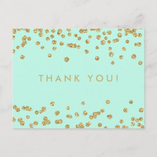 Cartão Postal Obrigado Notem Dourado Faux Glitter Confetti Mint