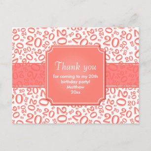 Cartão Postal Obrigado Número 20 Aniversário Padrão Coral/Branco