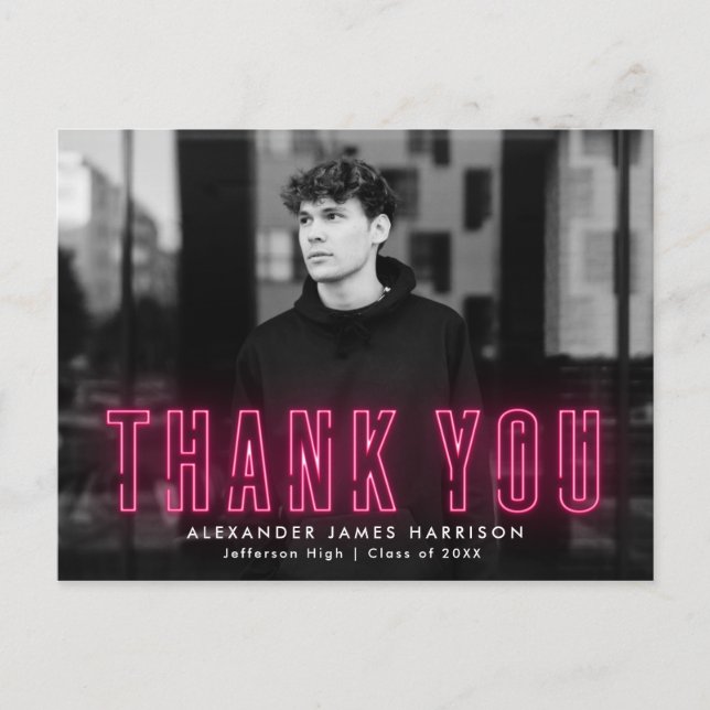 Cartão Postal Obrigado pela Formatura em Foto Neon Rosa Moderno (Frente)