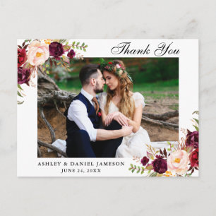 Cartão Postal Obrigado pela Foto de Casamento Floral Borgonha