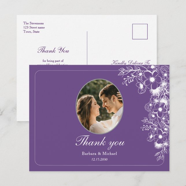 Cartão Postal Obrigado pela foto do casamento floral roxo (Frente/Verso)