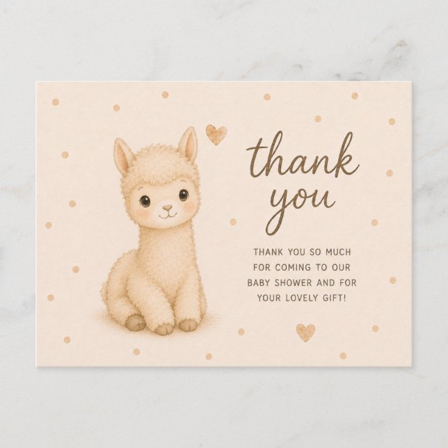 Cartão Postal Obrigado pelo Chá de Bebê de Alpaca Bebê (Frente)