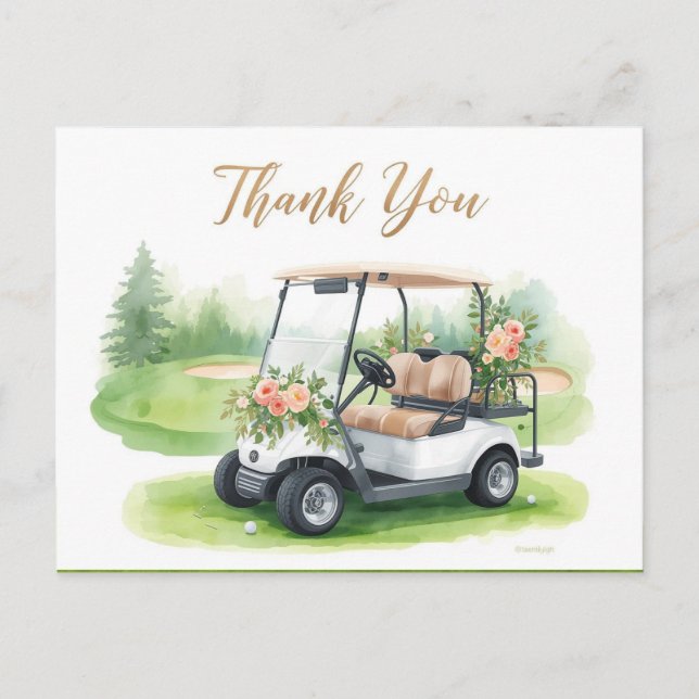 Cartão Postal Obrigado pelo golfe com carrinho de golfe e flores (Frente)