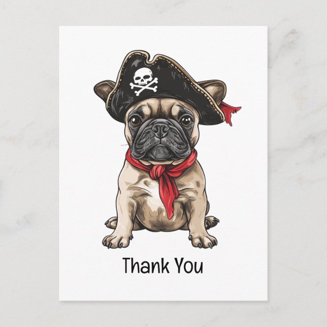 Cartão Postal Obrigado Pirata Bulldog Francês Caveira Ossos Cruz (Frente)