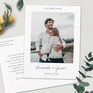 Cartão Postal Obrigado por foto de casamento em roteiro azul mod