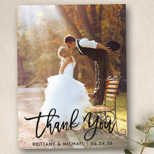 Cartão Postal Obrigado por Foto de Casamento Moderna em Brush Sc