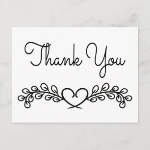 Cartão Postal Obrigado Preto e Branco Coração de Laurel Casament