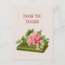 Cartão Postal Obrigado Professor,Imagem Vintage Peônia em Livro