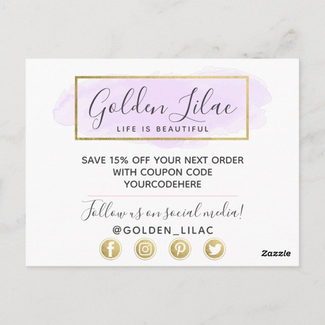 Cartão Postal Obrigado Purple Watercolor & Modern Dourado Geo (Verso)