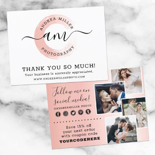 Cartão Postal Obrigado Rose Gold Minimalista com Caligrafia Logo