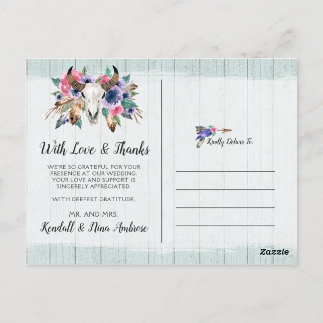 Cartão Postal Obrigado Rustic Floral Cow Skull Boho Foto Chic (Verso)