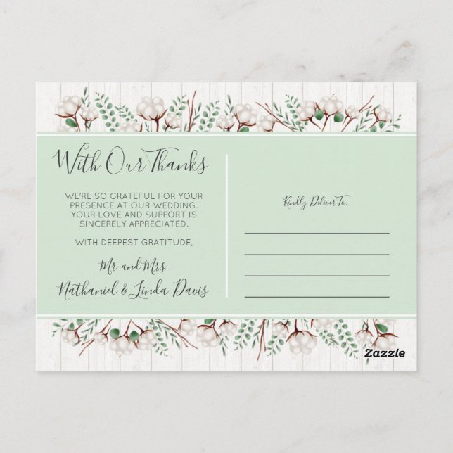 Cartão Postal Obrigado, Rustic Southern Cotton & Wood Newlyweds (Verso)