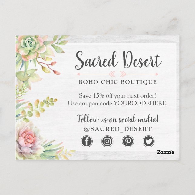 Cartão Postal Obrigado Rustico Aquarela Suculentas Cactos Desért (Verso)