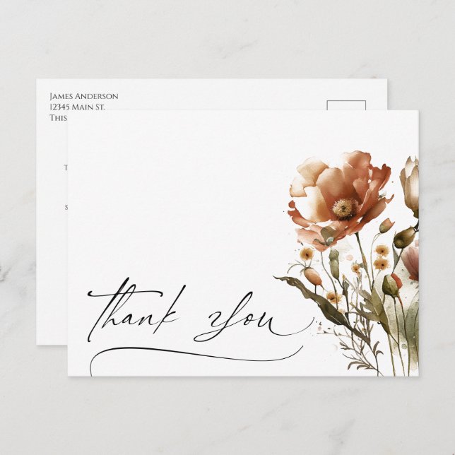 Cartão Postal Obrigado Script Watercolor Wildflower (Frente/Verso)
