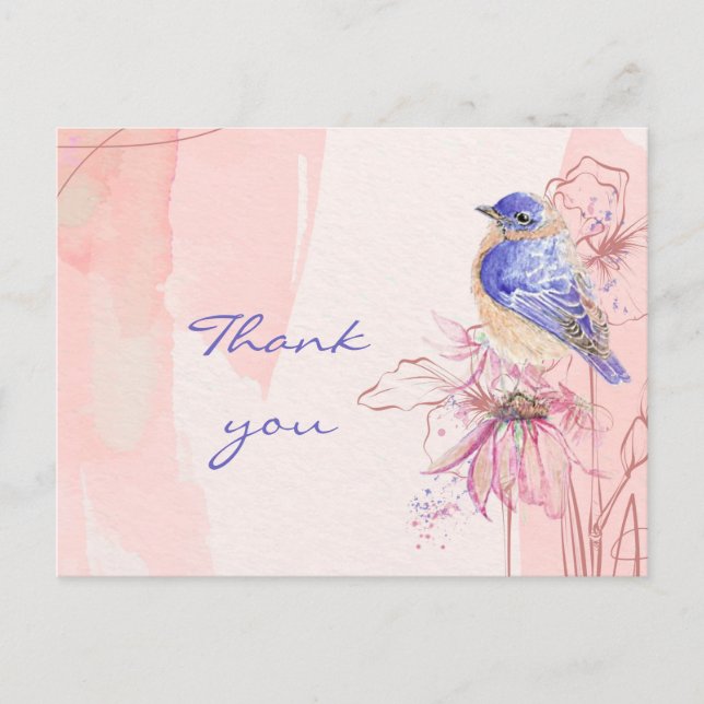 Cartão Postal Obrigado Watercolor Bluebird Bird Garden (Frente)