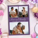 Cartão Postal Obrigados Mauve 3 Foto Collage Casamento Obrigado<br><div class="desc">Na moda de Orçamento Mínimo Mínimo Mínimo Mauve Purple Color Lettering Script 3 Foto Collage Casamento Obrigado Postard. Modelo de cartões de agradecimentos simples, na moda, com três (3) fotos na frente e uma (1) foto no verso. Com o texto "Amor e obrigados" em letra de caligrafia ou tipografia, escrita...</div>
