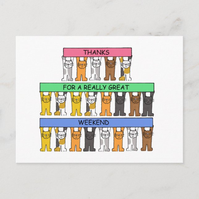 Cartão Postal Obrigados para gatos de cartoon no final de semana (Frente)