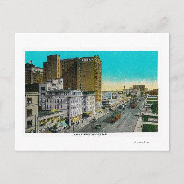 Cartão Postal Ocean Avenue Olhando para Leste, Long Beach (Frente)