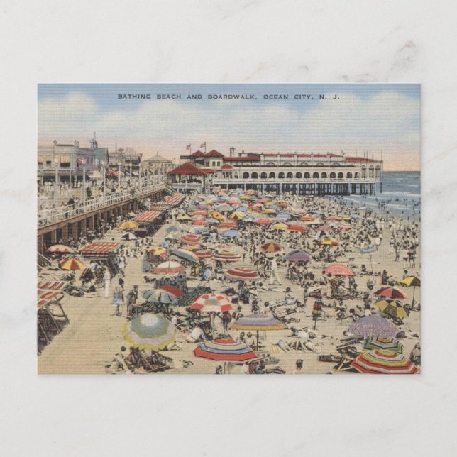 Cartão Postal Ocean City NJ Bathing Beach e Boardwalk 1939 (Frente)
