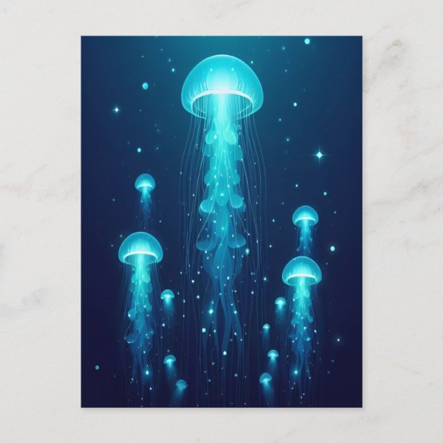 Cartão Postal Oceano de Geleias Azuis Bioluminescentes (Frente)