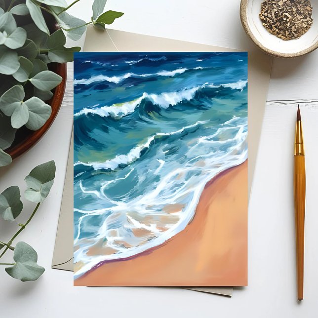Cartão Postal Oceano Ondas Azul Aquarela Costeira (Criador carregado)