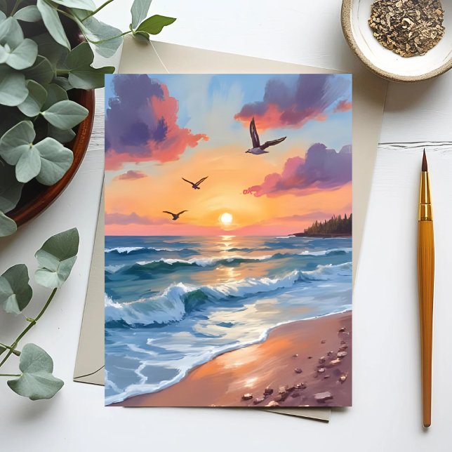 Cartão Postal Oceano Ondas Sunset | Praia Costeira de Pintura de (Criador carregado)