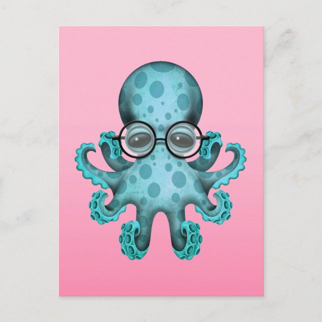 Cartão Postal Octopus Azul-Cinto Vestindo Óculos Rosa (Frente)