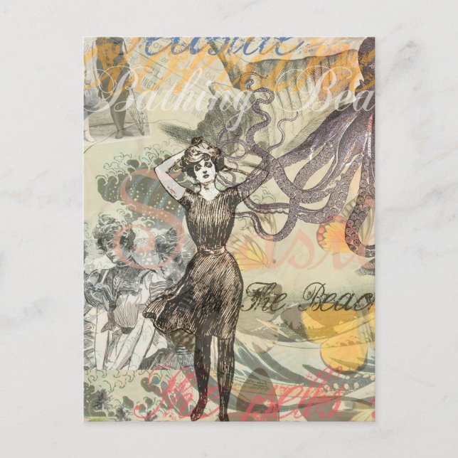 Cartão Postal Octopus Beach Antique Coastal Steampunk (Frente)