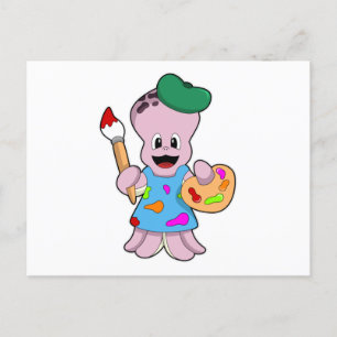 Cartão Postal Octopus como Pincel com Pincel de Tinta