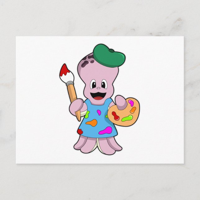 Cartão Postal Octopus como Pincel com Pincel de Tinta (Frente)