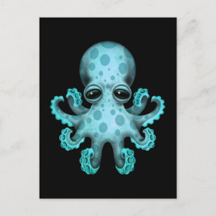 Cartão Postal Octopus de bebê azul-claro em preto