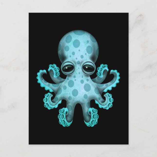 Cartão Postal Octopus de bebê azul-claro em preto (Frente)