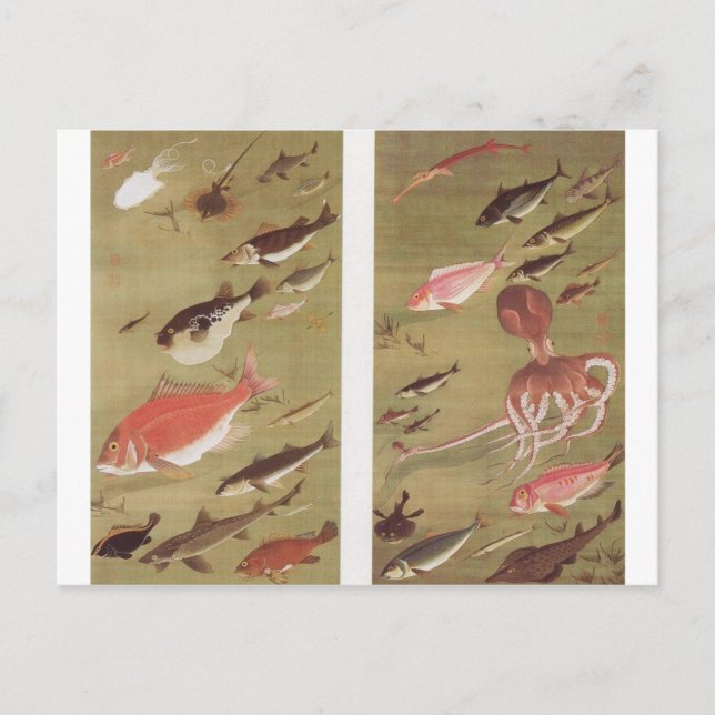 Cartão Postal Octopus e Fish por Ito Jakuchu (Frente)