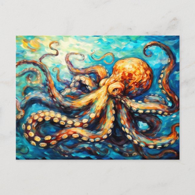Cartão Postal Octopus in Swirling Ocean Oil Painting (Frente)