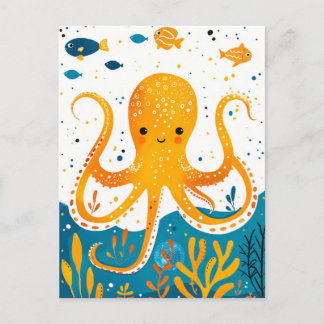 Cartão Postal Octopus Reprodutor de Cartoons com Peixes Colorido