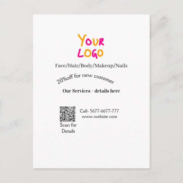 Cartão Postal oferta de desconto de serviços de contato de salão (Frente)