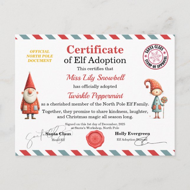 Cartão Postal Official North Pole Elf Adoption Certificate  (Frente)
