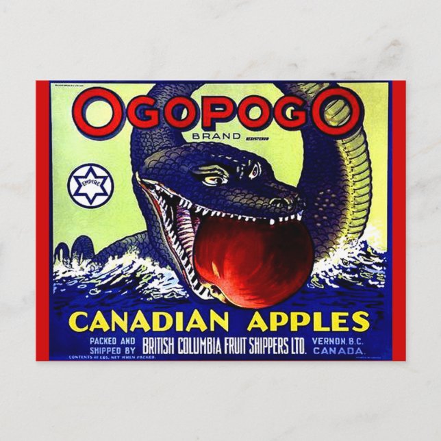 Cartão Postal Ogopogo Maçã canadiana etiqueta da fruta (Frente)