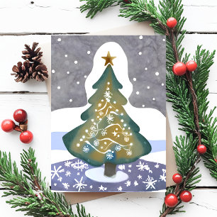 Cartão Postal Oh Árvore de Natal   Pintura de Inverno em Aquarel