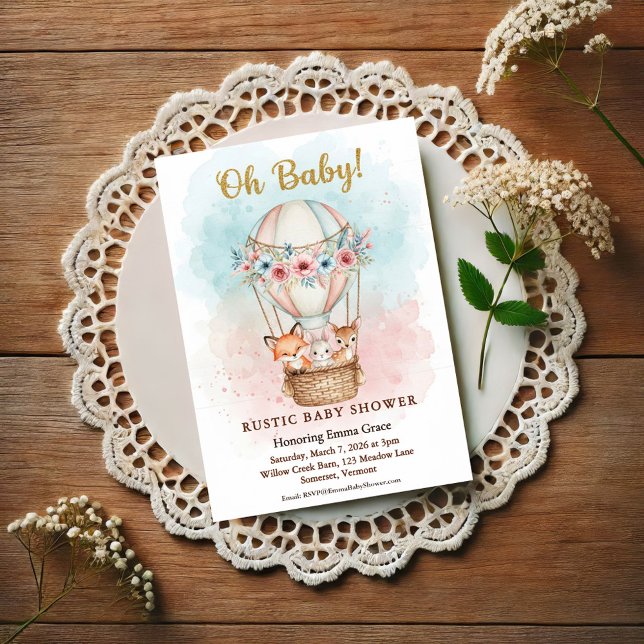 Cartão Postal Oh Baby Hot Air Balloon Floral Invitation (Criador carregado)